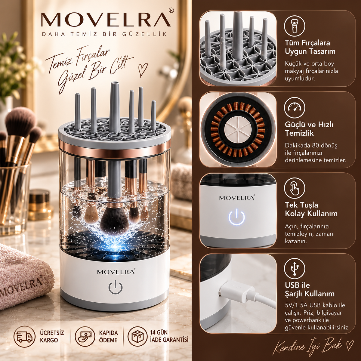 Movelra Profesyonel Makyaj Fırçası Temizleme Cihazı